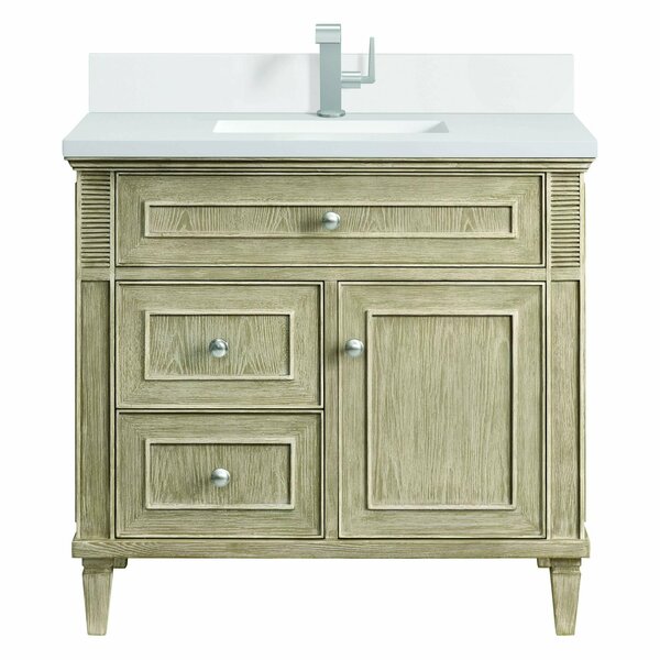 James Martin Vanities 36'' Single Vanity, Whitewashed Oak w/ Single Hole 3 CM White Zeus Quartz Top & Backsplash 424-V36-WWO-1WZ